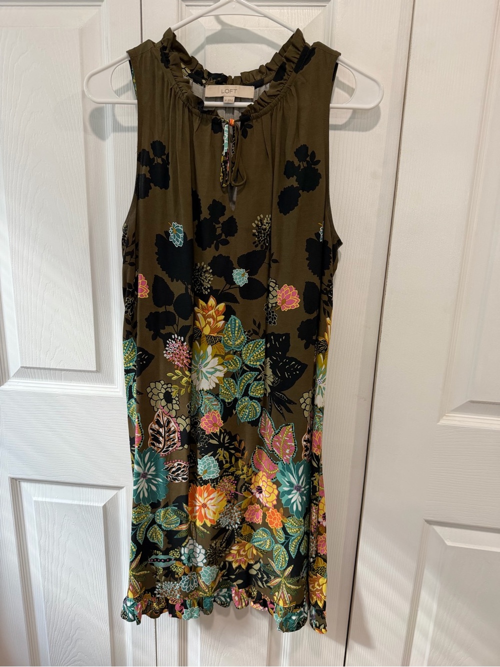 LOFT Olive Floral Sleeveless Tie-Neck Ruffle-Hem Dress